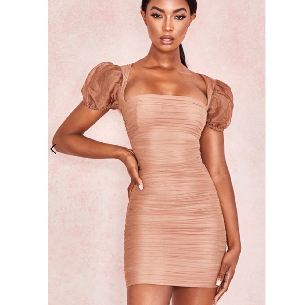 Body Con. Marcia tan puff sleeve ruched dress